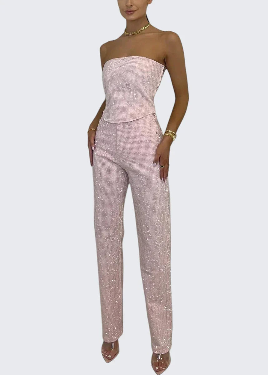Stella | Trägerloser Glitzer-Jumpsuit mit Korsett