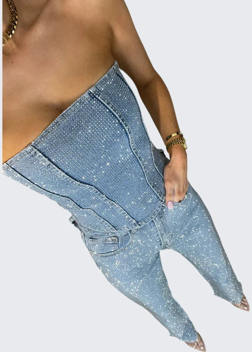 Stella | Trägerloser Glitzer-Jumpsuit mit Korsett