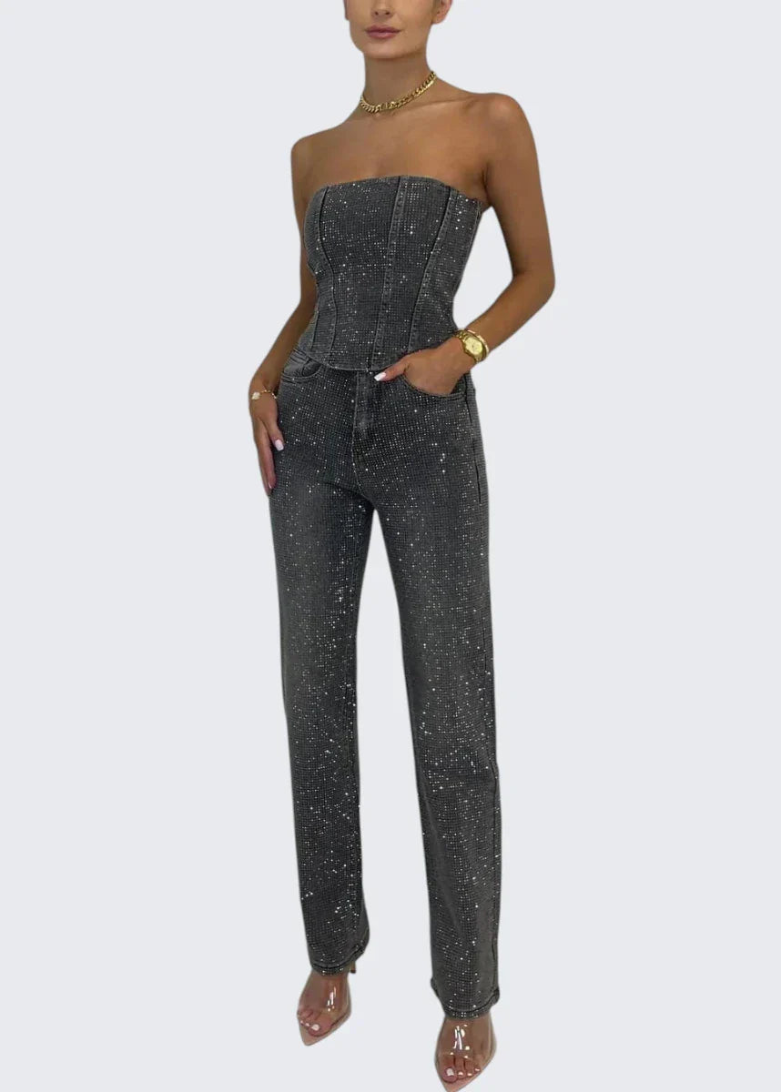 Stella | Trägerloser Glitzer-Jumpsuit mit Korsett