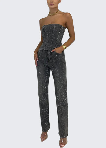 Stella | Trägerloser Glitzer-Jumpsuit mit Korsett