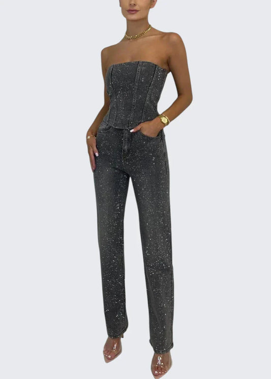 Stella | Trägerloser Glitzer-Jumpsuit mit Korsett