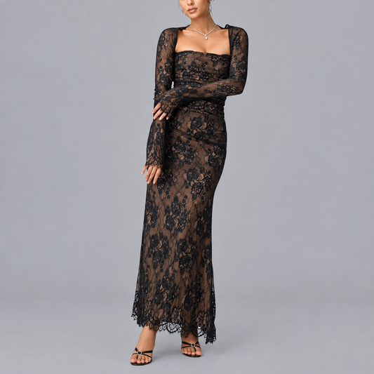 Carrie | Spitzenkleid mit eckigem Ausschnitt und transparenten Ärmeln