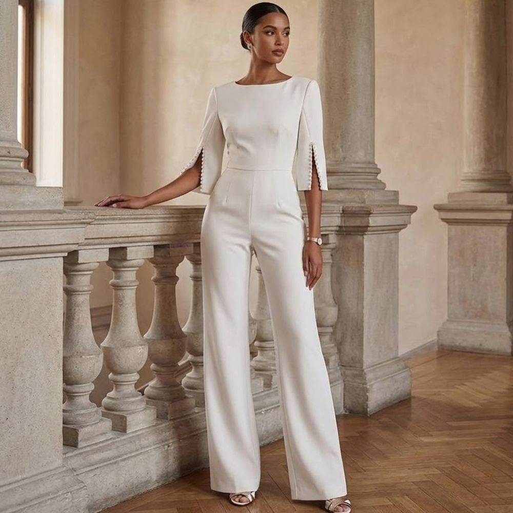 Emma - Boat Neck Wide Leg Party Jumpsuit in White - Authentic Pace