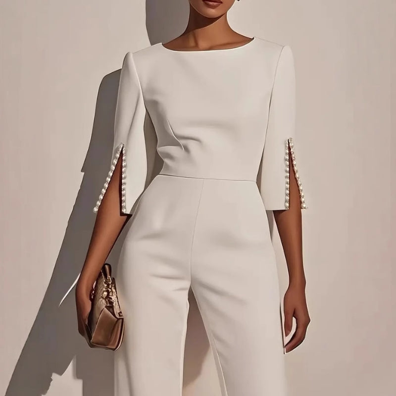 Emma - Boat Neck Wide Leg Party Jumpsuit in White - Authentic Pace