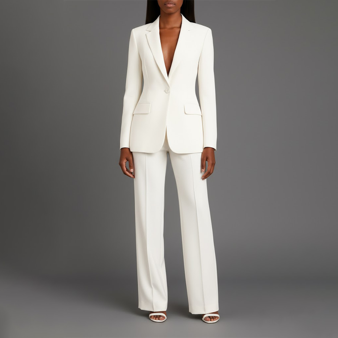 Mary - Long Sleeve V-Neck Two Piece Suit in White - Authentic Pace