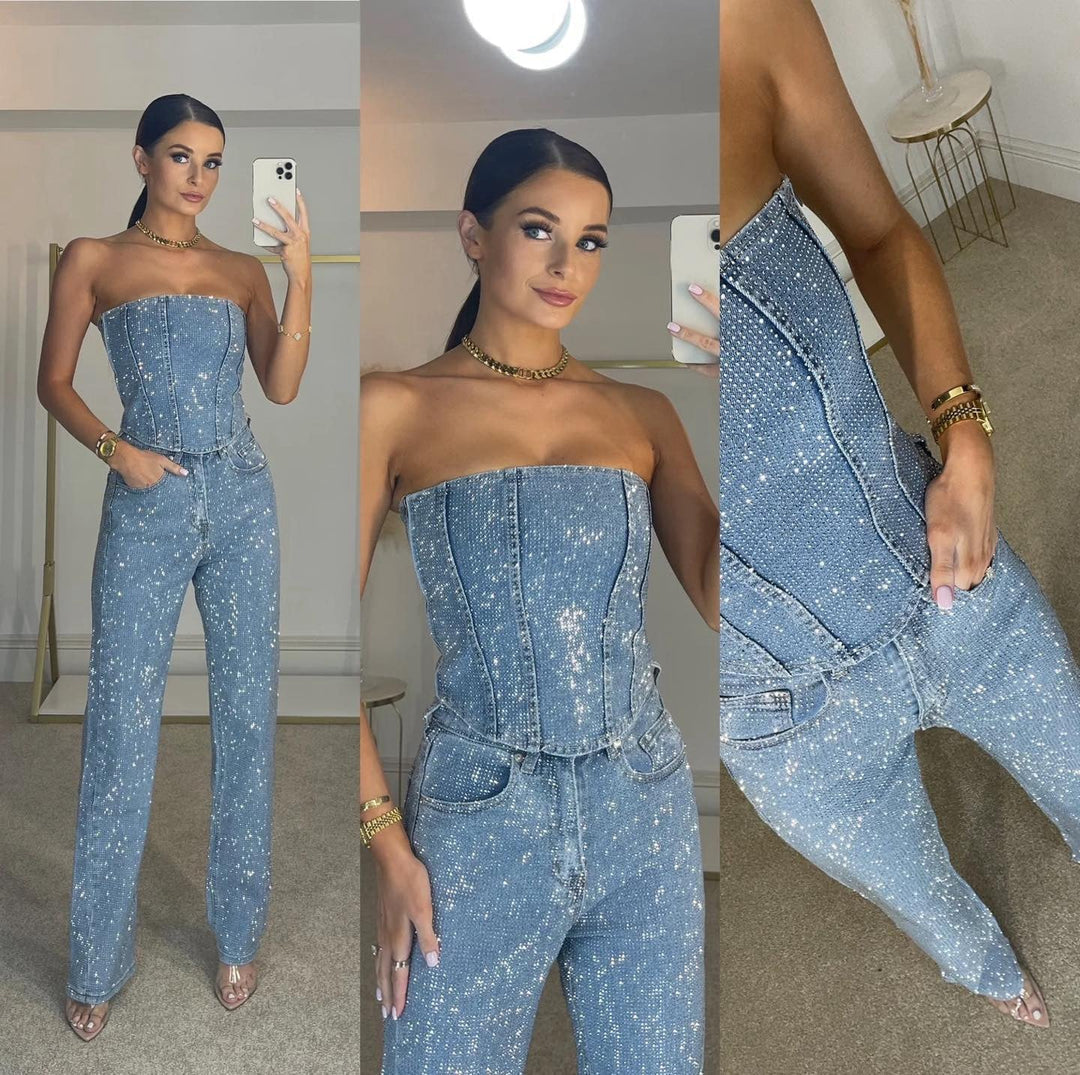 Stella - Strapless Corset Glitter Party Jumpsuit in Blue - Authentic Pace