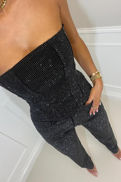 Stella - Strapless Corset Glitter Party Jumpsuit in Blue - Authentic Pace